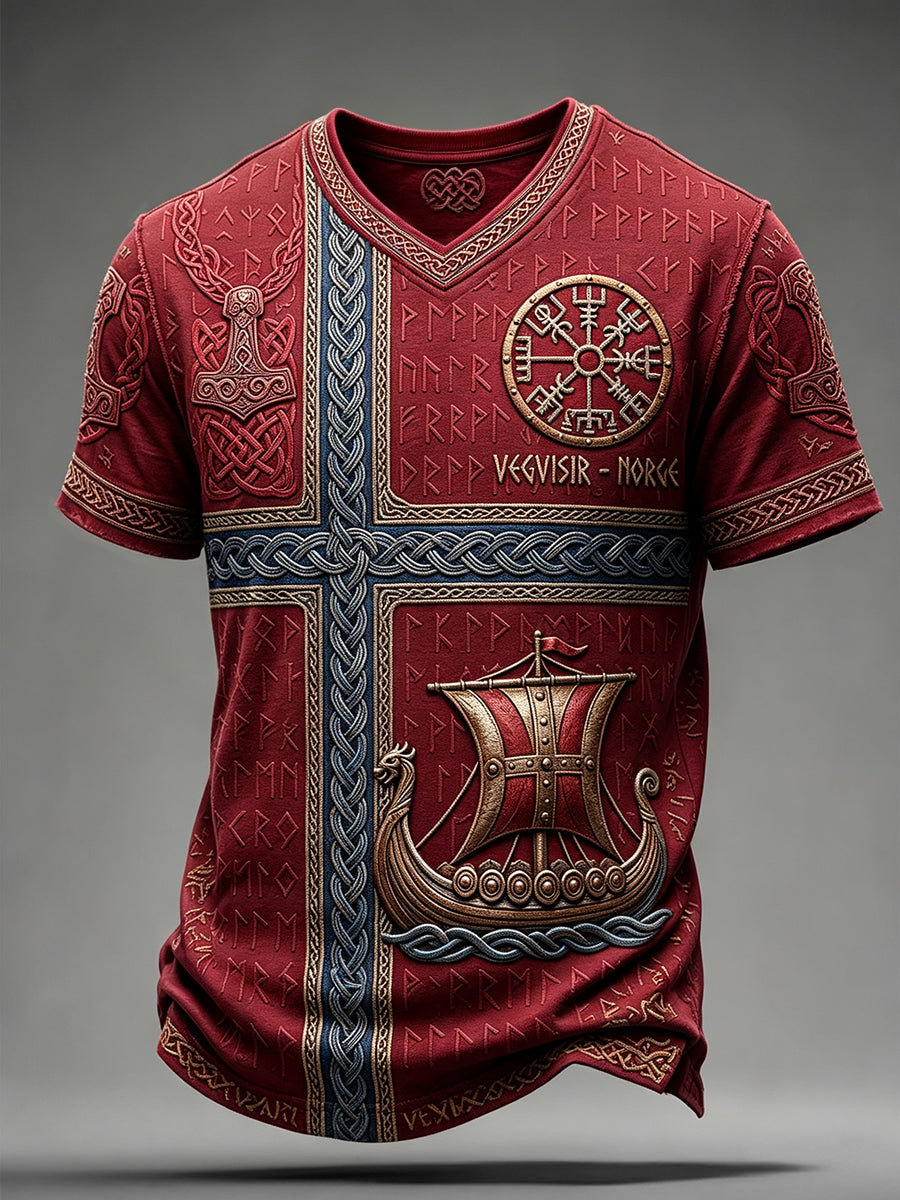Men's Vintage Norway Viking Inspired Pattern Celtic Print V-neck T-shirt