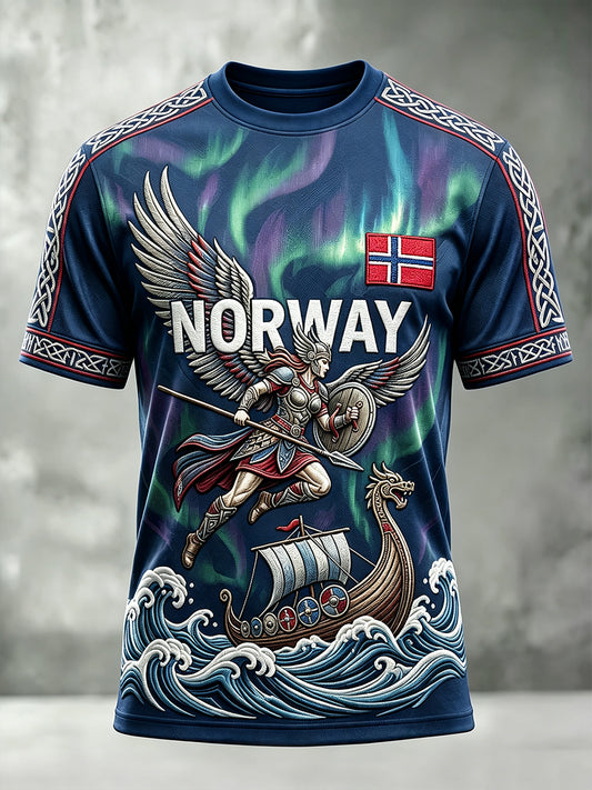 Men's Norway Viking Inspired Pattern Aurora Print Short Sleeves T-shirt