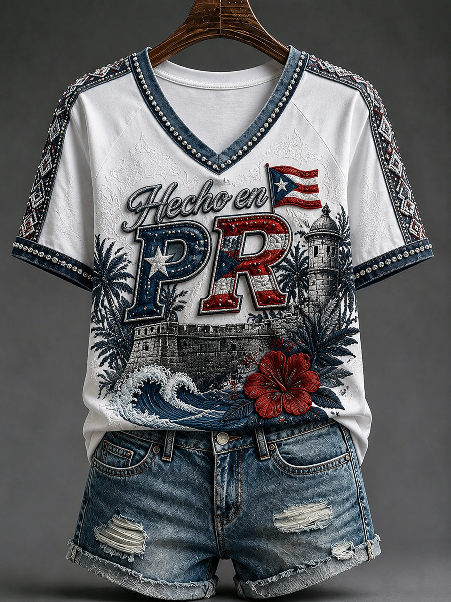 Retro Puerto Rican Classic Patchwork Casual T-Shirt
