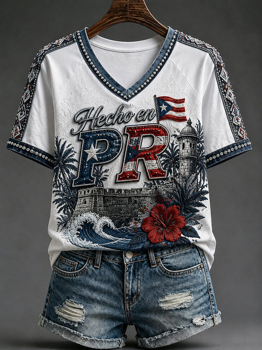Retro Puerto Rican Classic Patchwork Casual T-Shirt