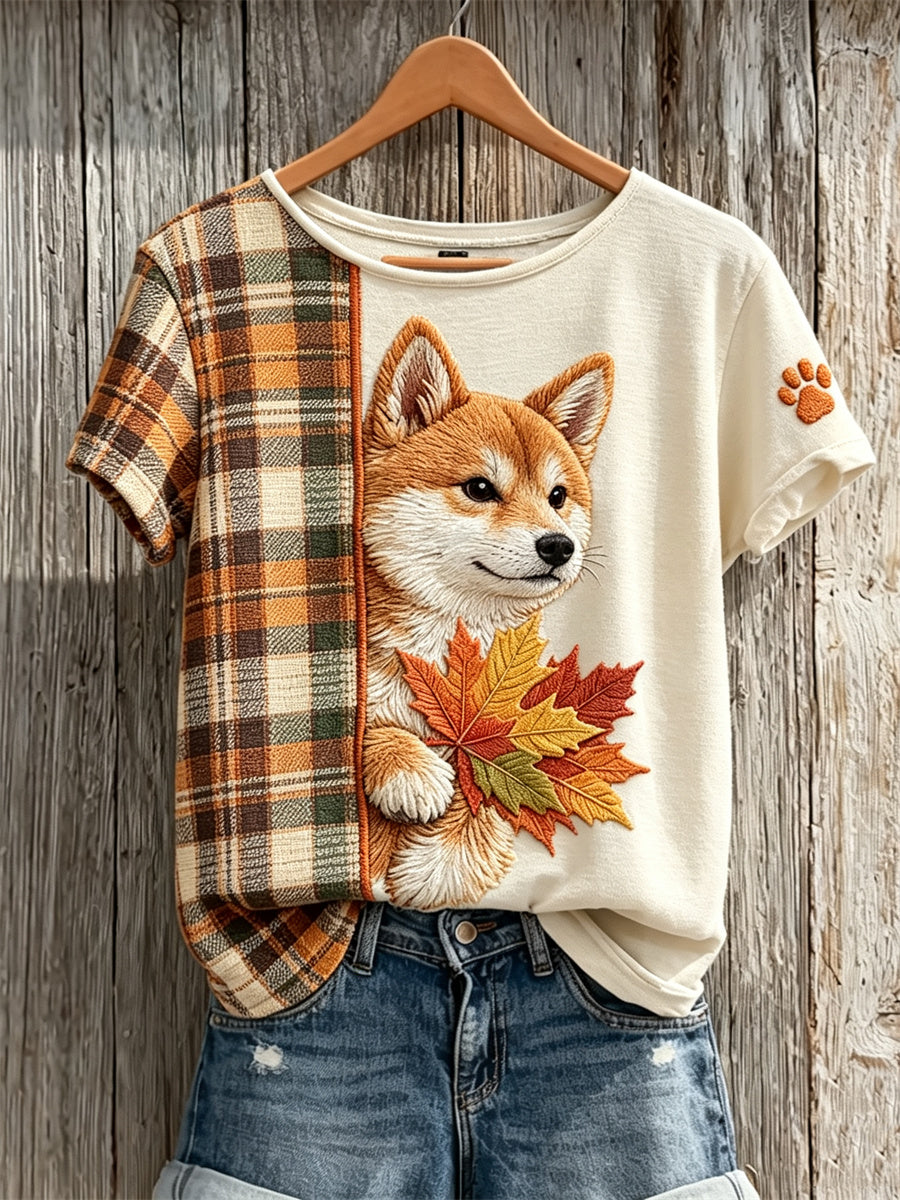 Women's Peeking Shiba Inu Dog with Maple Leaves Fall Plaid Contrast Print short-sleeved T-shirt