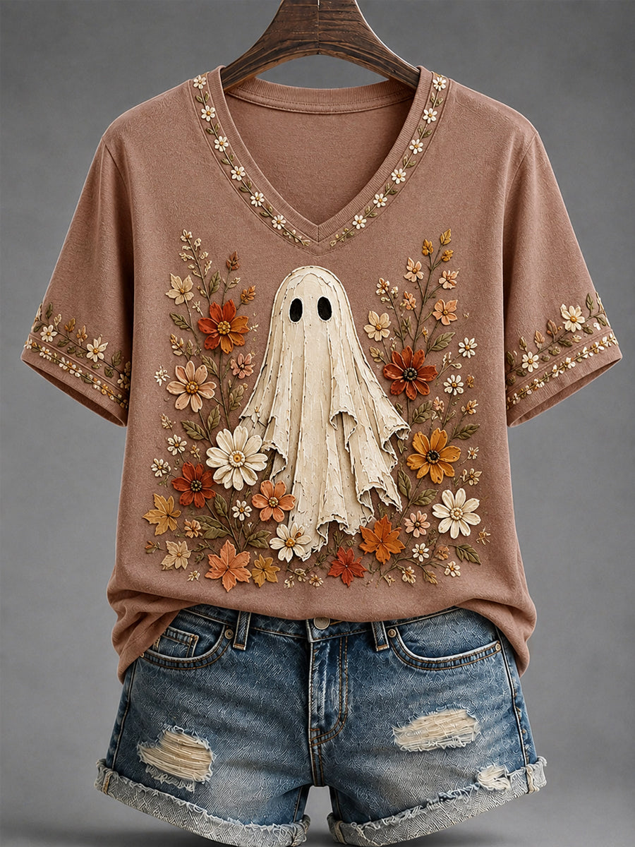 Women's Spooky Season Cute Floral Ghost Print Casual V-Neck Tee