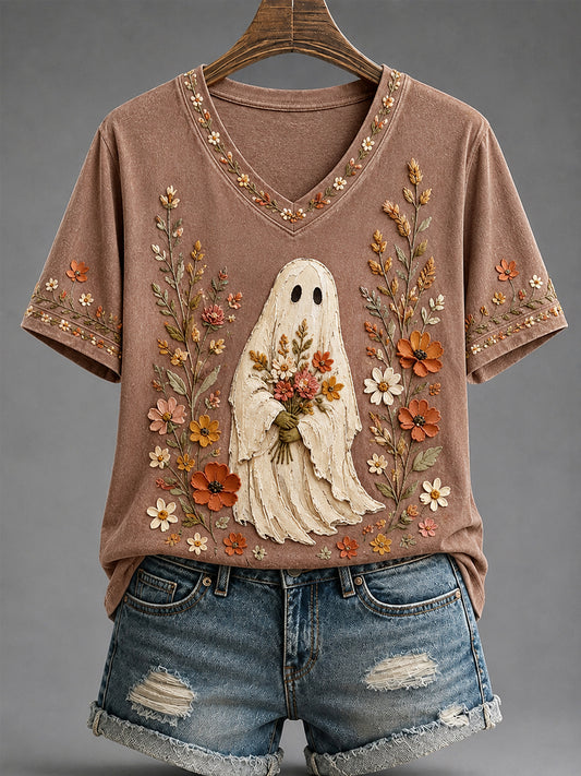 Women's Spooky Season Cute Floral Ghost Print Casual V-Neck Tee