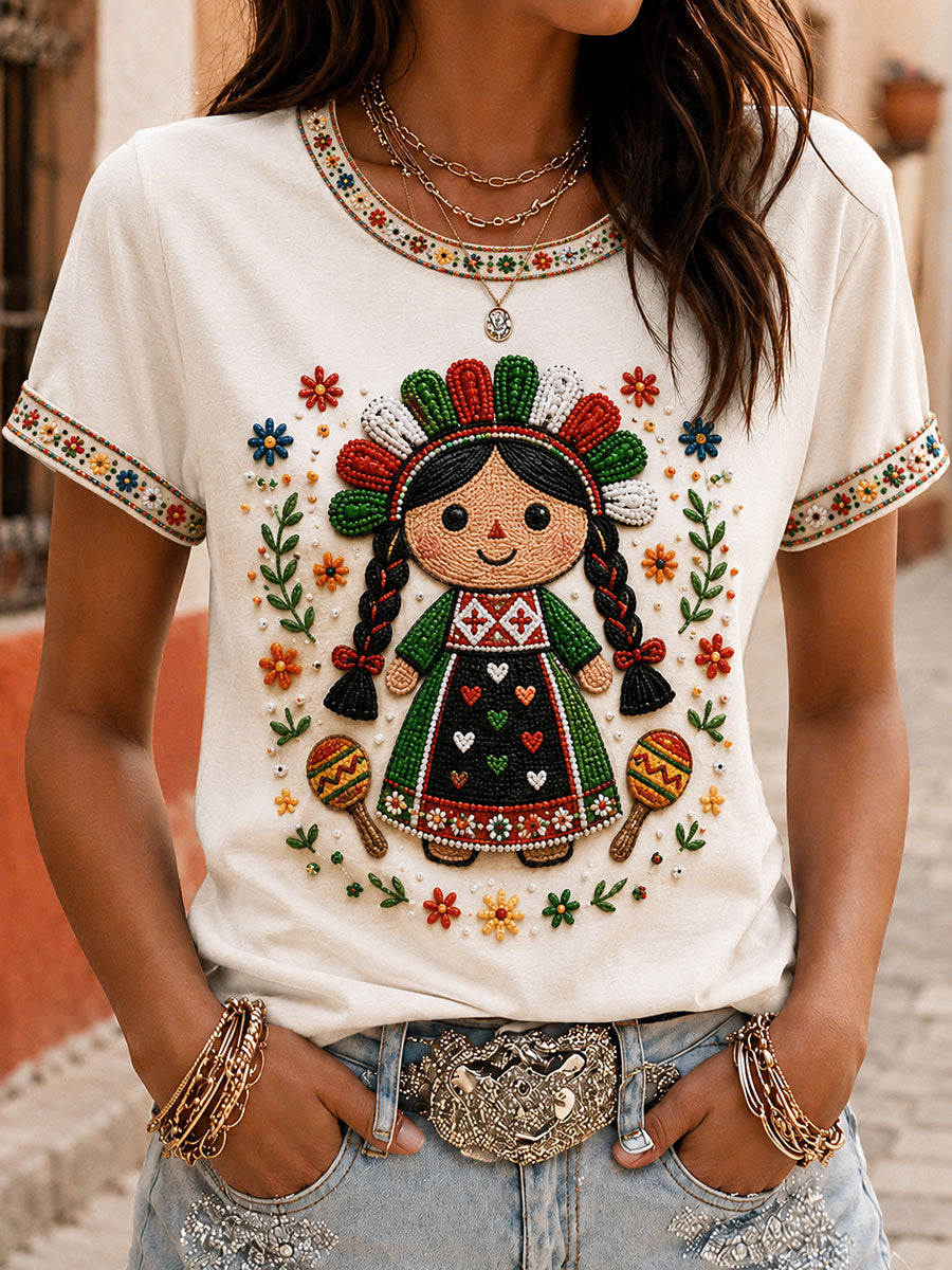 Women's Mexico Guelaguetza Lele Doll Art Printed T-shirt