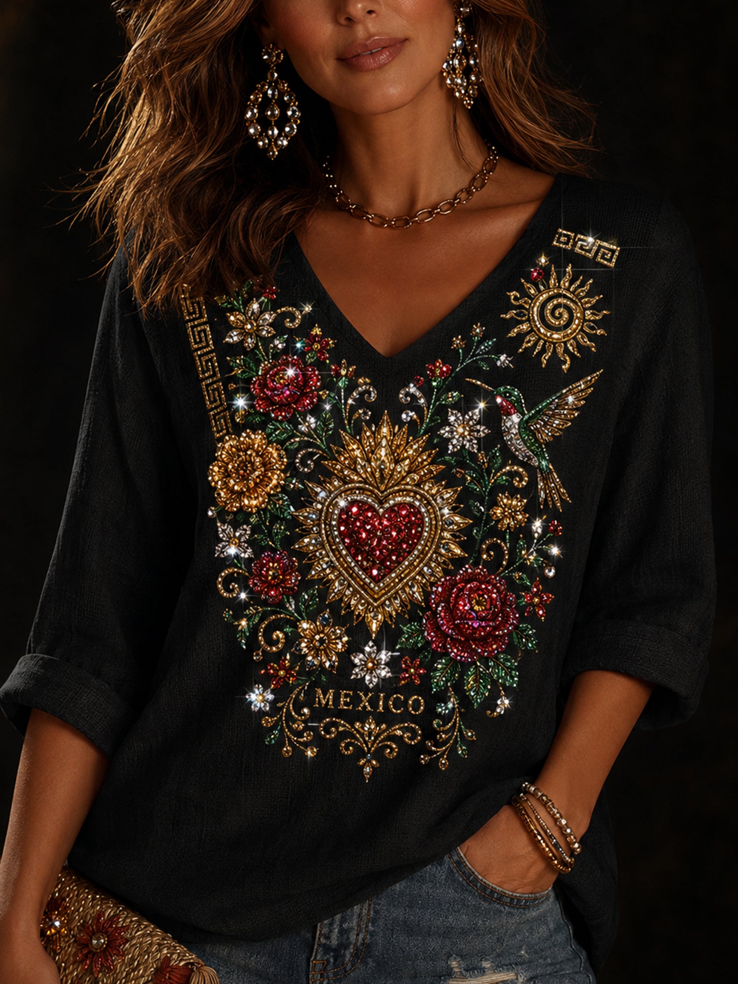 Women's Mexican Independence Day Commemorative Art Print V-Neck Top
