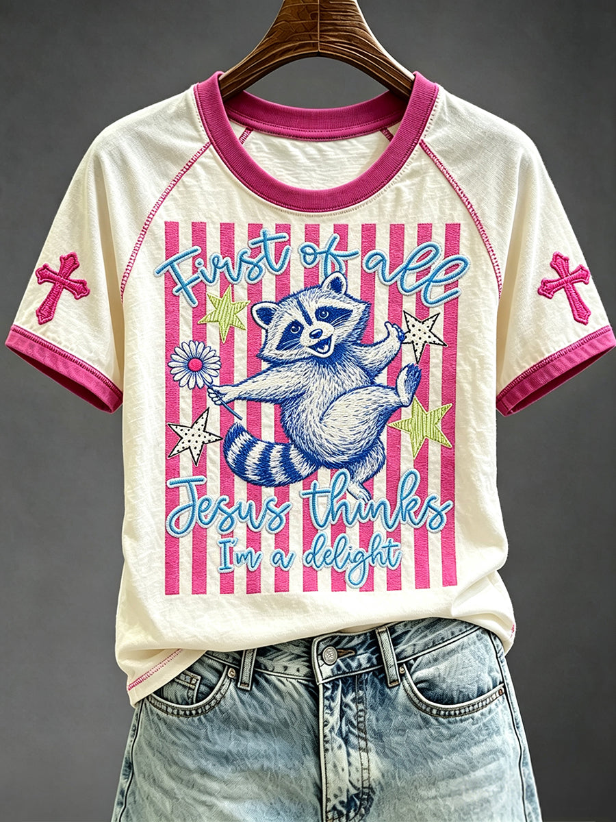 Women's First of All Jesus Thinks I'm A Delight Funny Christian Raccoon Print Short Sleeve T-shirt