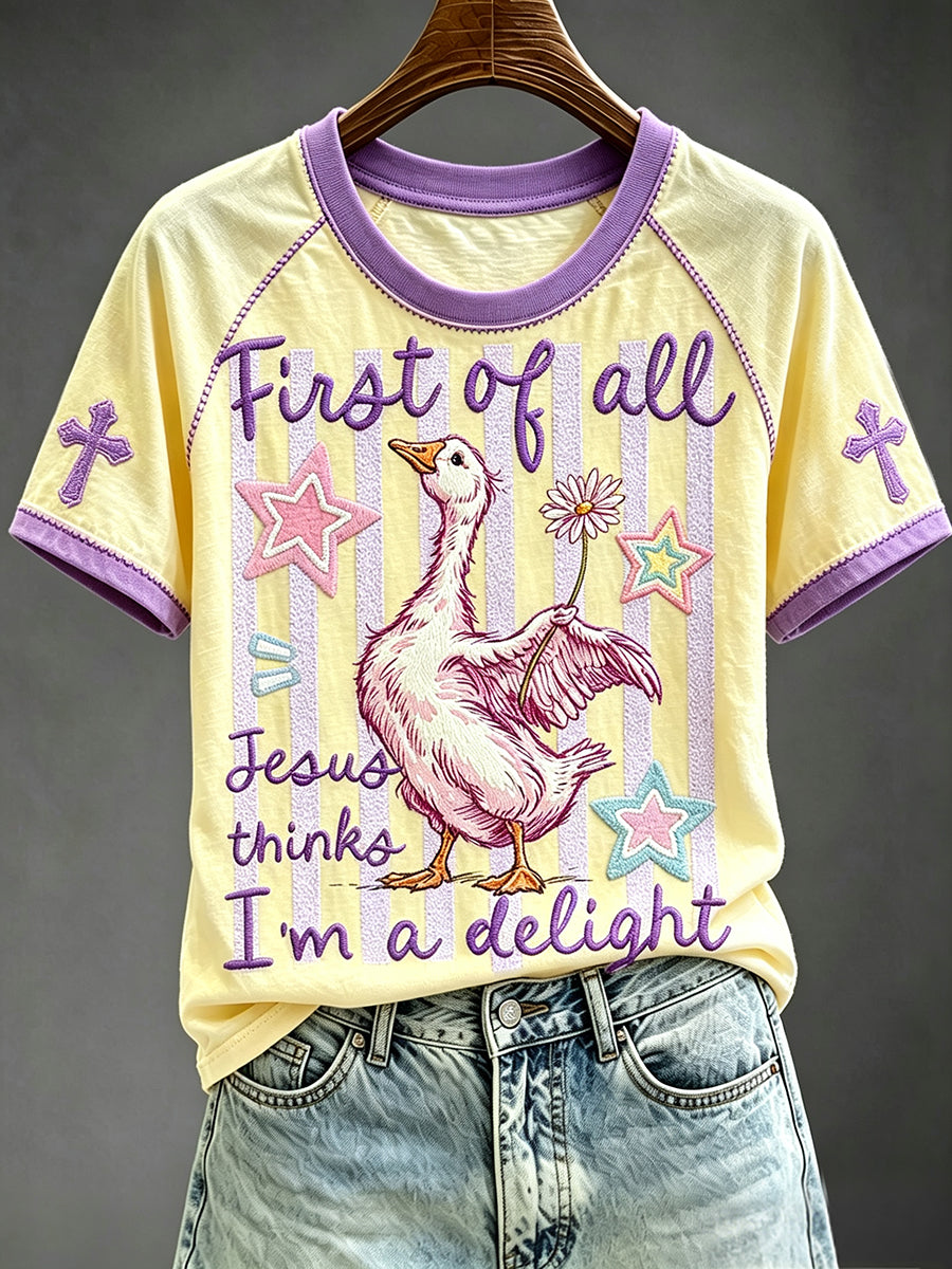 Women's First Of All Jesus Thinks I’m A Delight Funny Christian Duck Print Round Neck Short Sleeve T-shirt