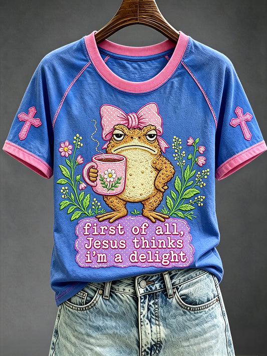 Women's First Of All Jesus Thinks I’m A Delight Funny Christian Frog Print Round Neck Short Sleeve T-shirt