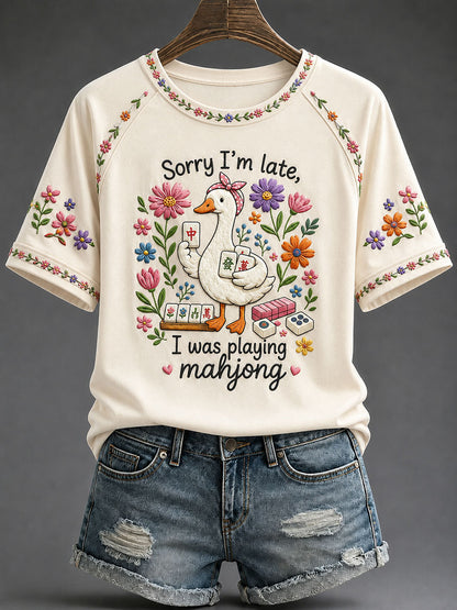 Women's Funny Mahjong Print Casual T-Shirt