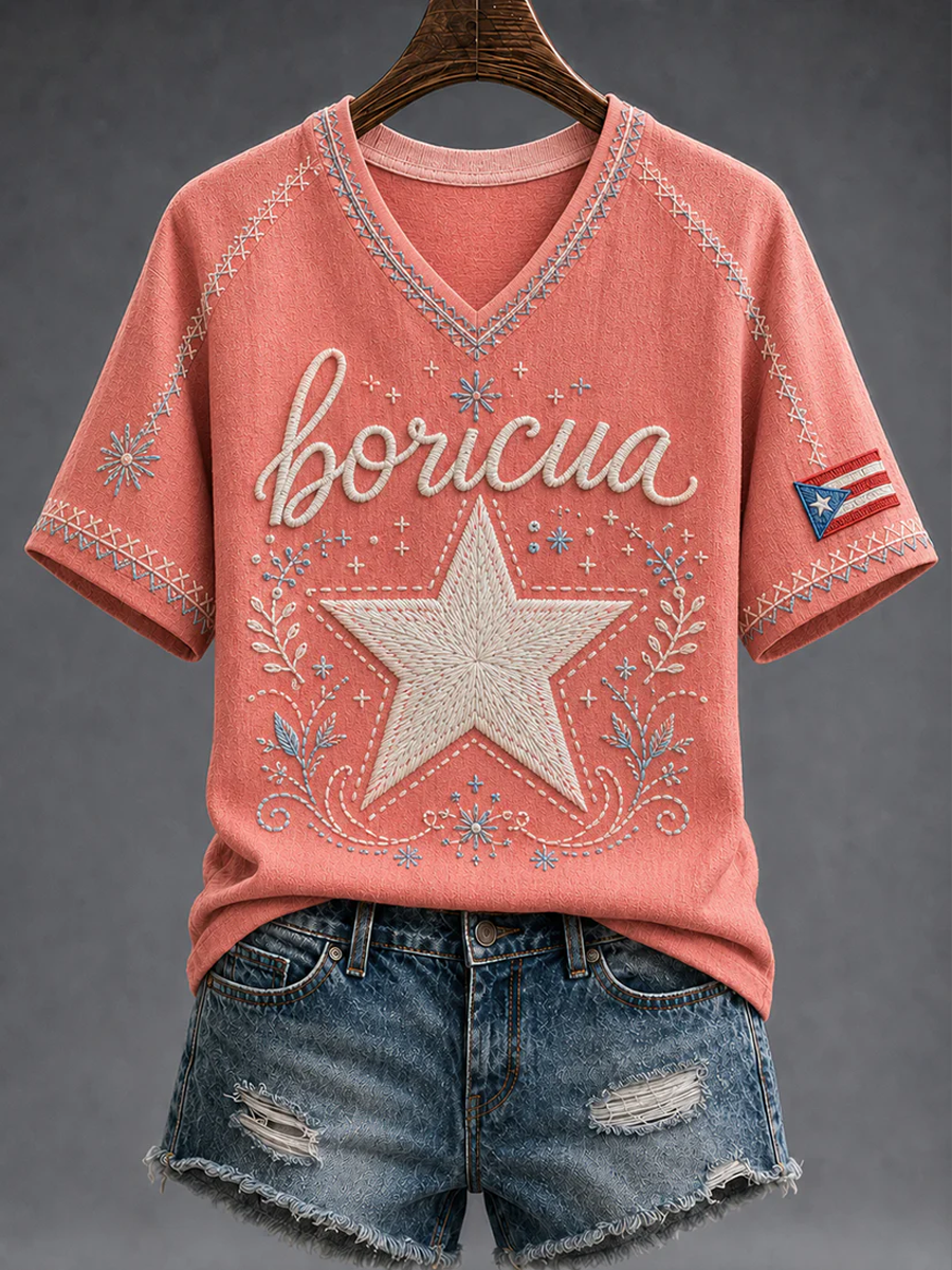 Women's Puerto Rico Printed V-neck off-shoulder short-sleeved T-shirt