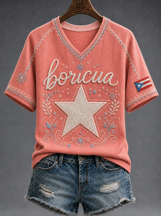 Women's Puerto Rico Printed V-neck off-shoulder short-sleeved T-shirt
