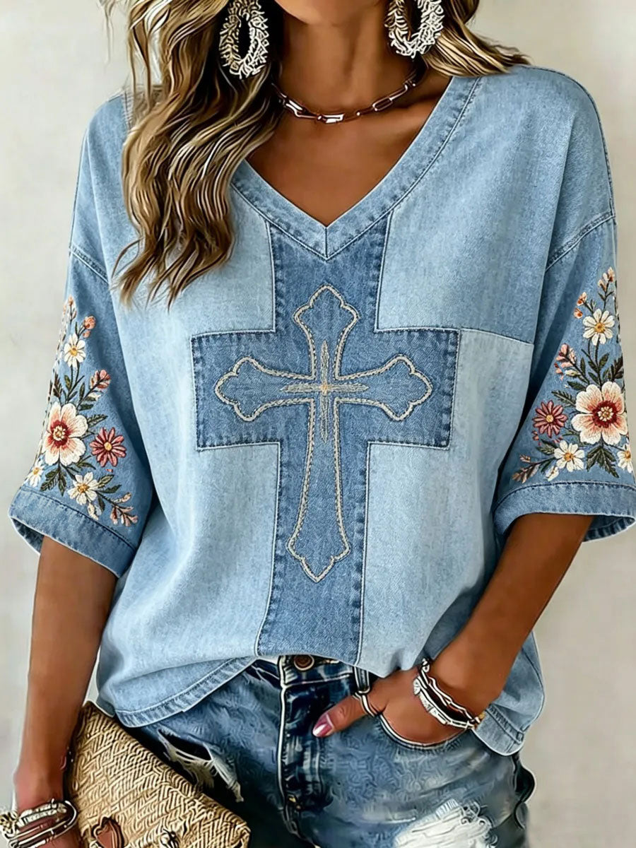Women's Christian Faith Cross Mid-length Sleeves V-Neck T-Shirt