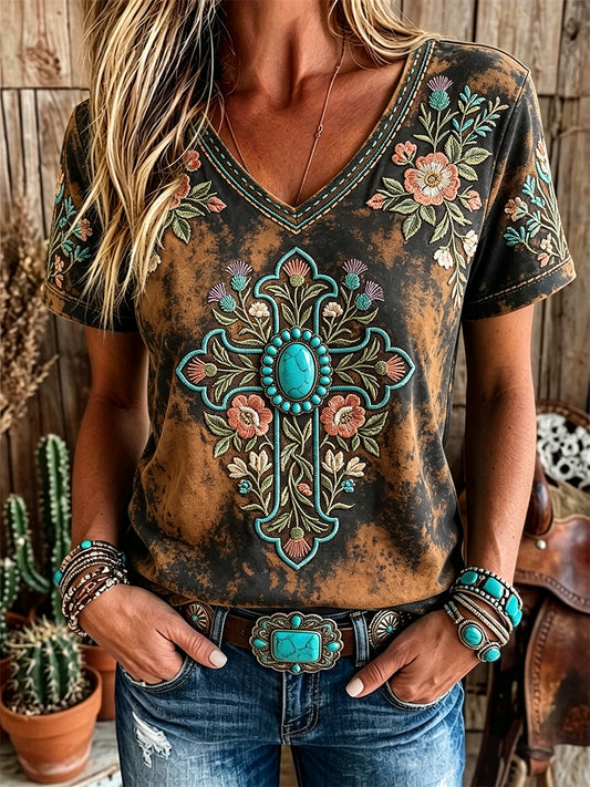 Women's Western Turquoise Floral Cross Faith Art Print Short-sleeved T-shirt