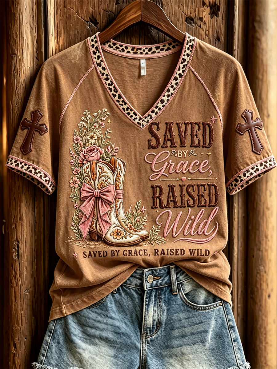 Women's Vintage Saved By Grace Raised Wild Western Print short-sleeved T-shirt