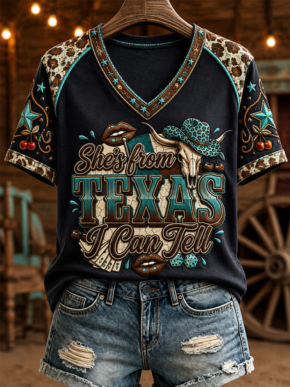 Women's She's From Texas I Can Tell Print Casual V-Neck Tee