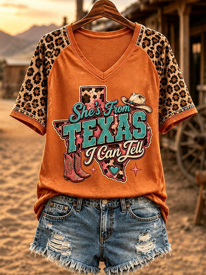 Women's She's From Texas I Can Tell Print Casual V-Neck Tee