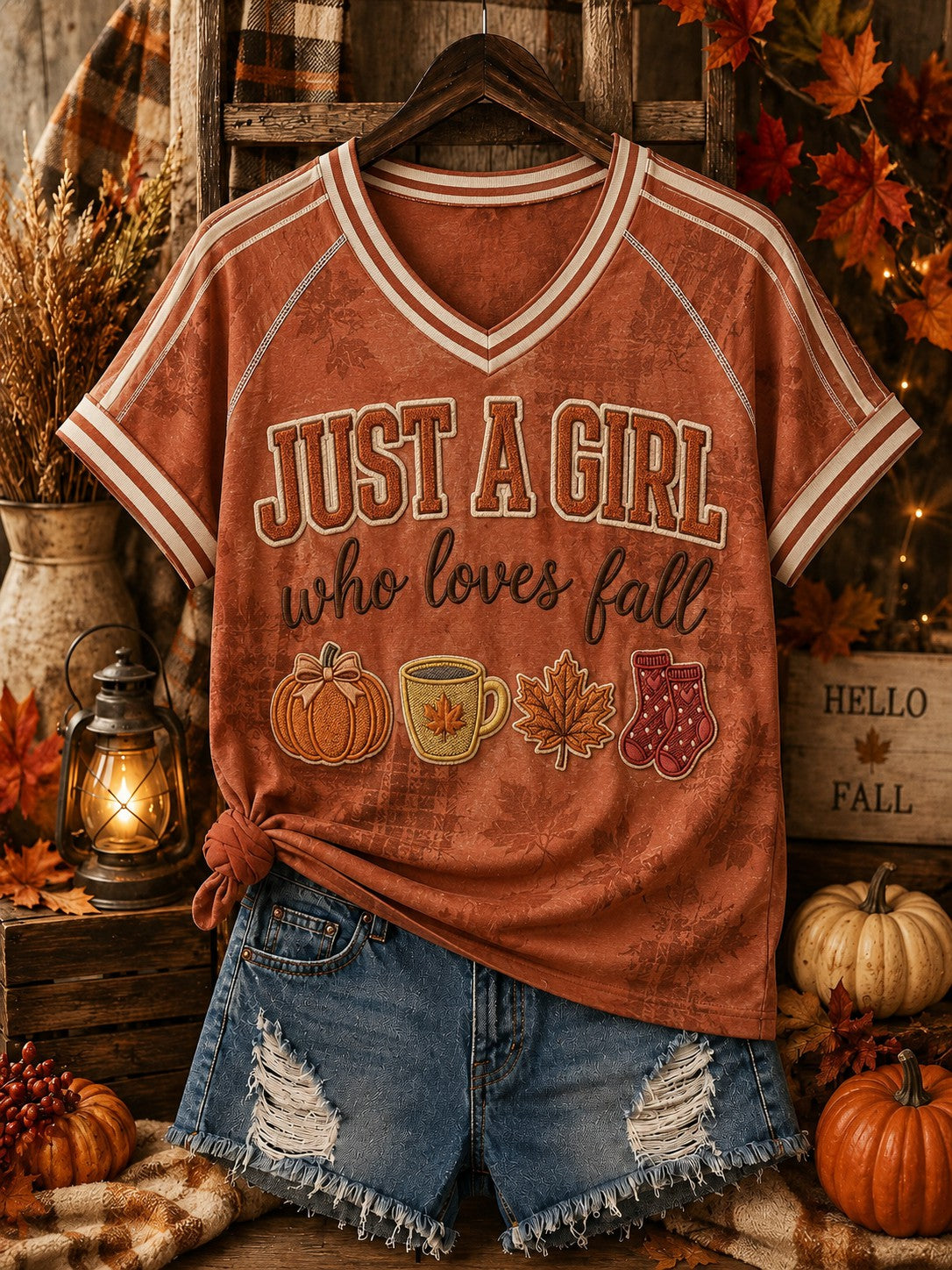 Women's Just A Girl Who Loves Fall Printed V-neck Off-shoulder T-shirt