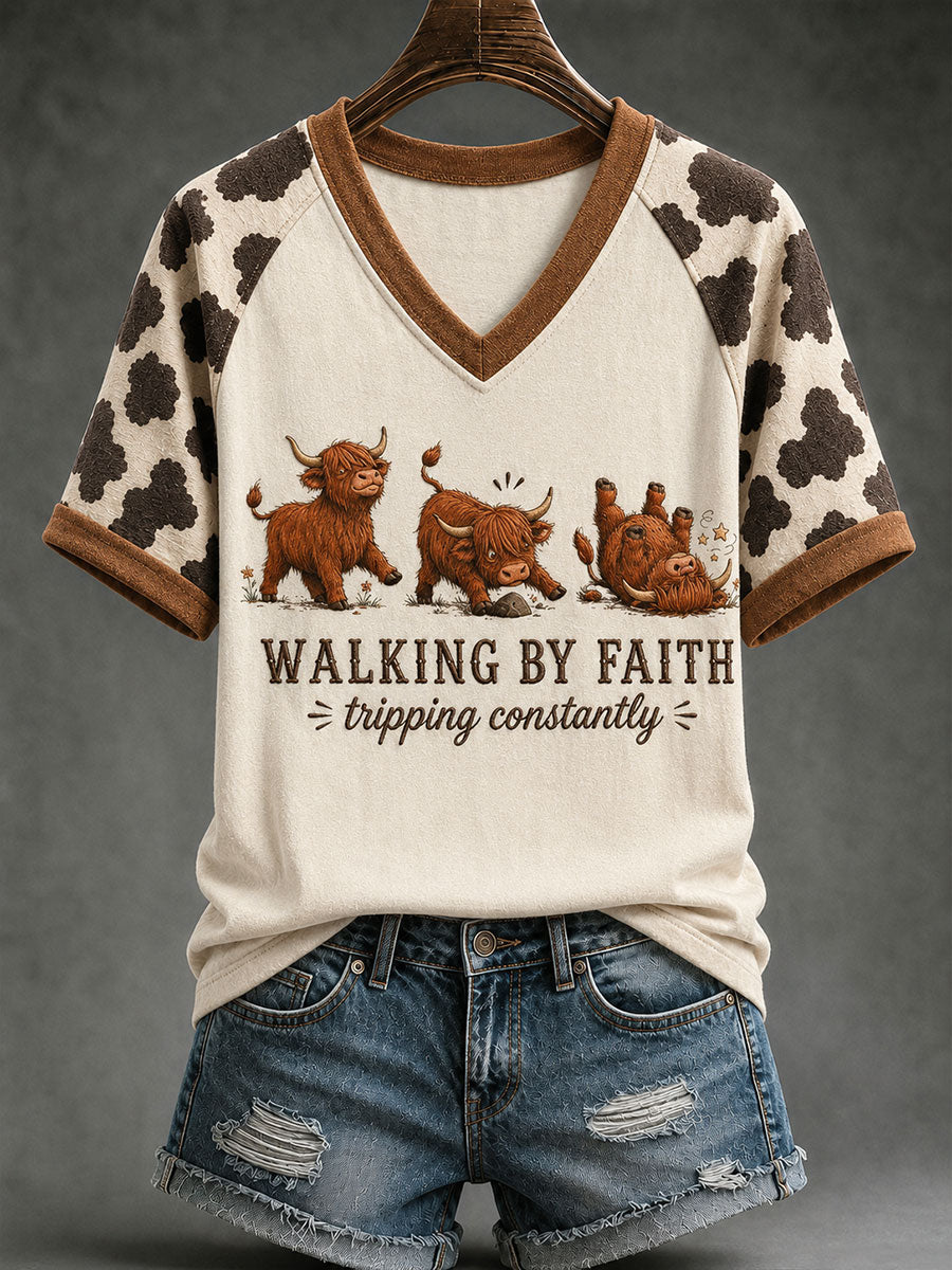 Women's WalkingG By Faith Tripping Constantly Highland Cattle V-neck Off-shoulder Short-sleeved T-shirt