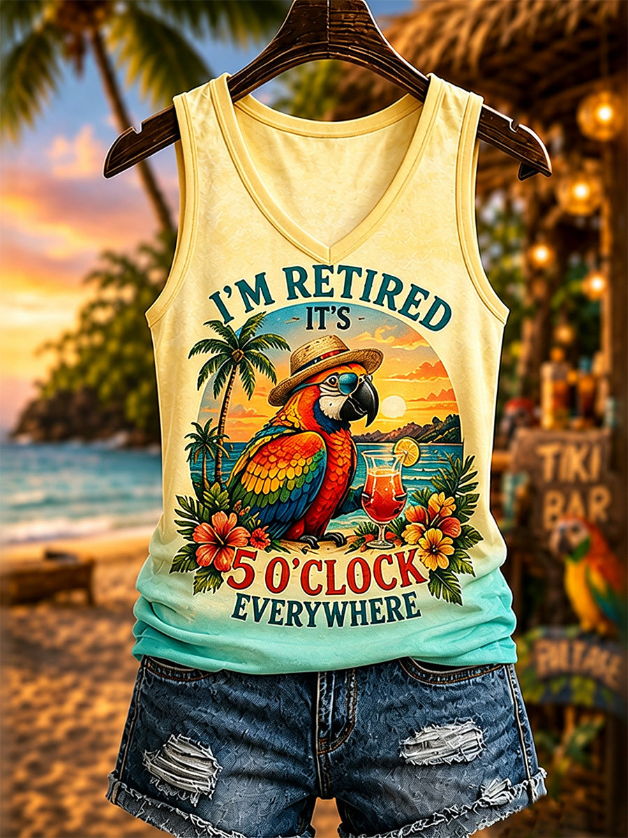 Women's I'm Retired It's 5 O'clock Everywhere Parrot Print Casual V-Neck Vest