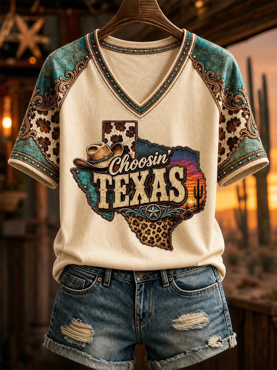 Women's She's From Texas I Can Tell Print Casual V-Neck Tee