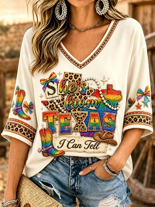 Women's She's From Texas I Can Tell Print Casual V-Neck Tee