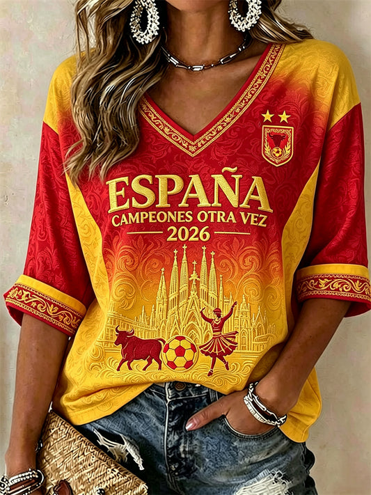 Women's Spain Football Champion Bull & Flamenco Dancer Sagrada Família Print Mid-length Sleeves V-Neck T-Shirt