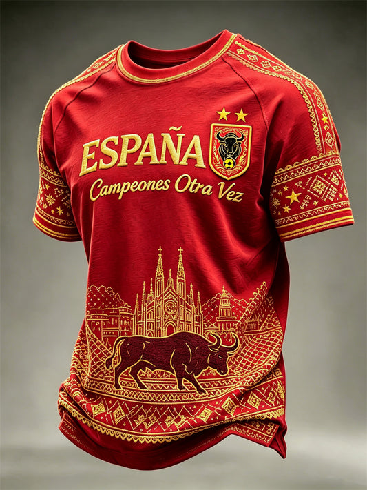Men's Spain Football Champion Bull & Sagrada Família Print short sleeve t-shirt
