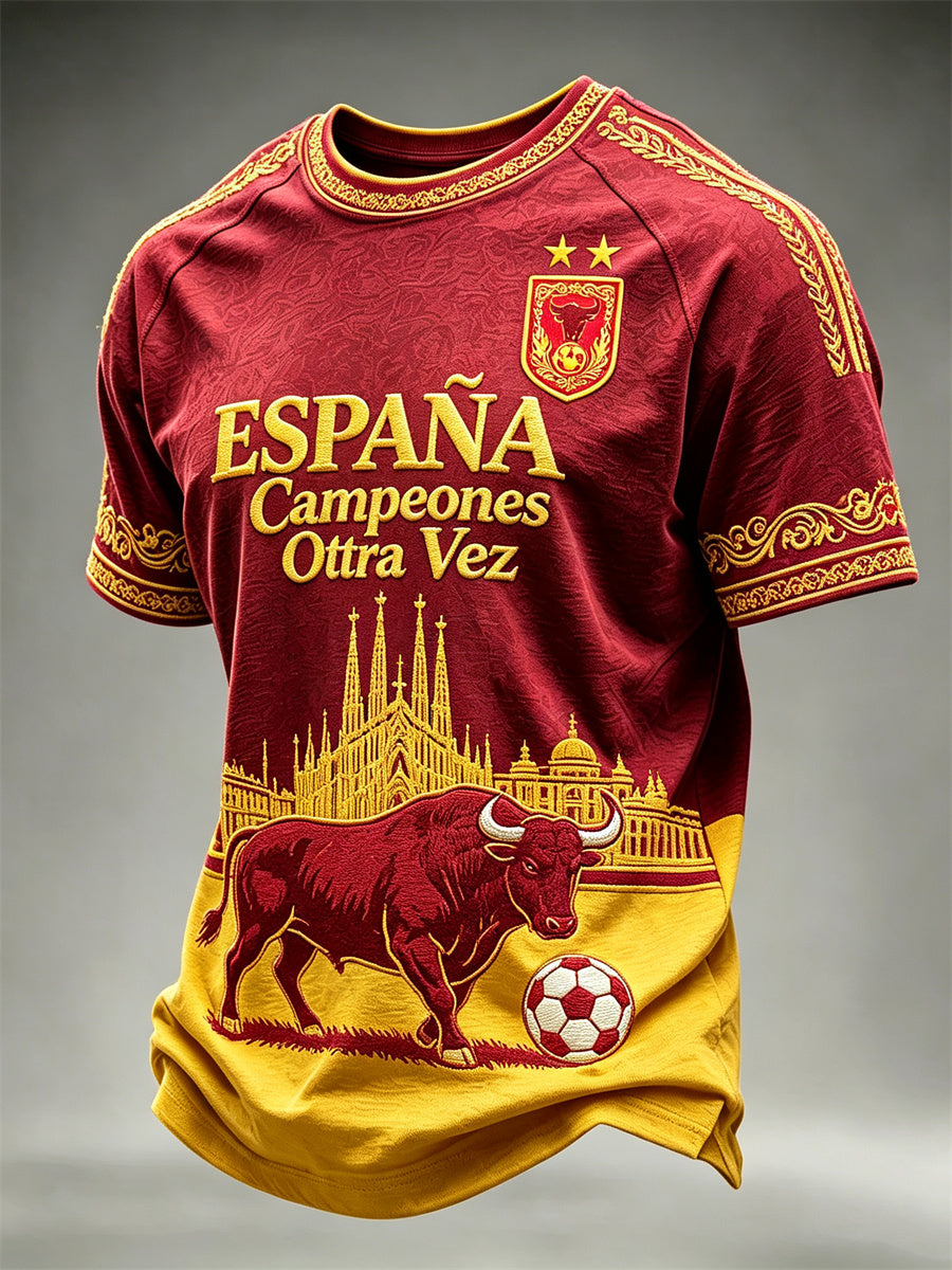 Men's Spain Football Champion Bull & Sagrada Família Contrast Print short sleeve t-shirt