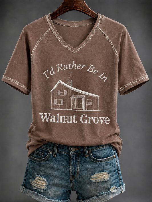 Women's i'd rather be in walnut grove Printed V-neck T-shirt