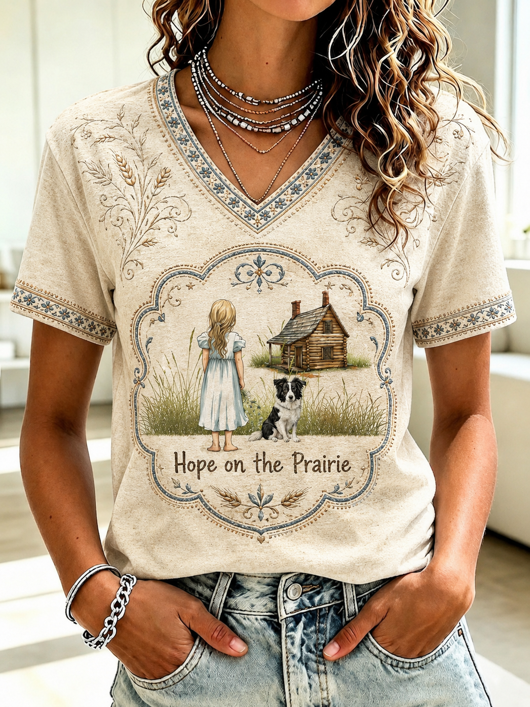 Women's Little House Printed V-neck T-shirt