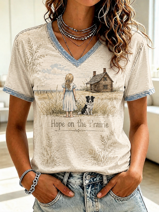 Women's Little House Printed V-neck T-shirt