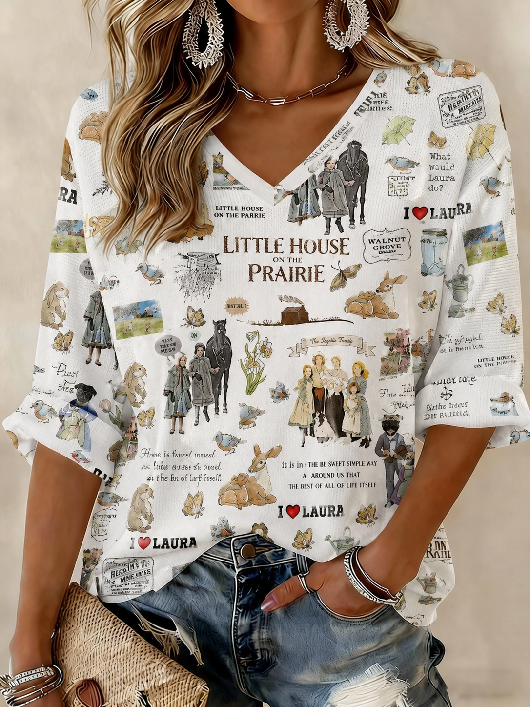 Women's Little House on the Prairie Printed Mid-length Sleeves V-neck T-shirt