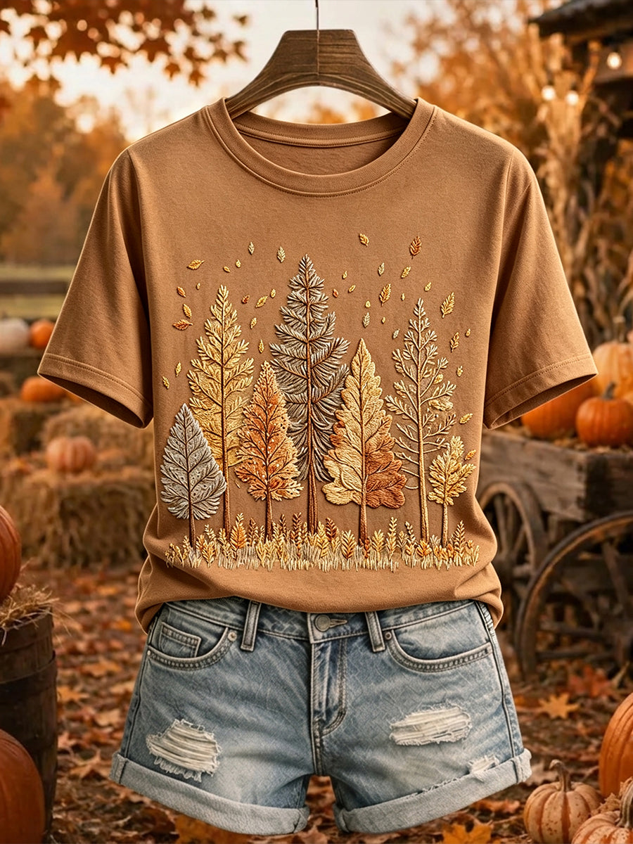 Women's Vintage Fall Trees Print Short-sleeved T-shirt