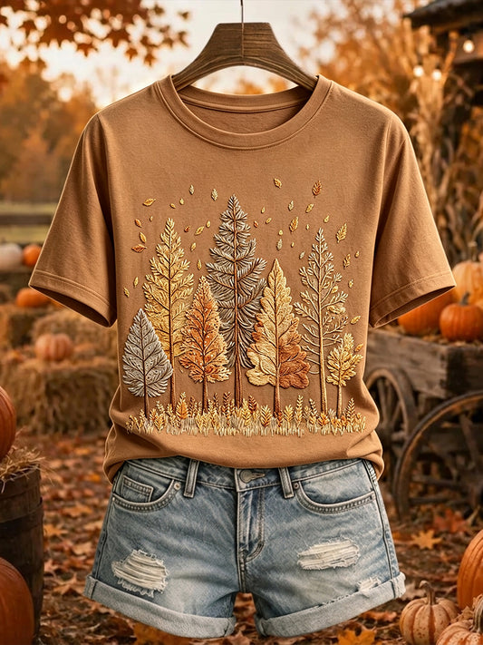 Women's Vintage Fall Trees Print Short-sleeved T-shirt