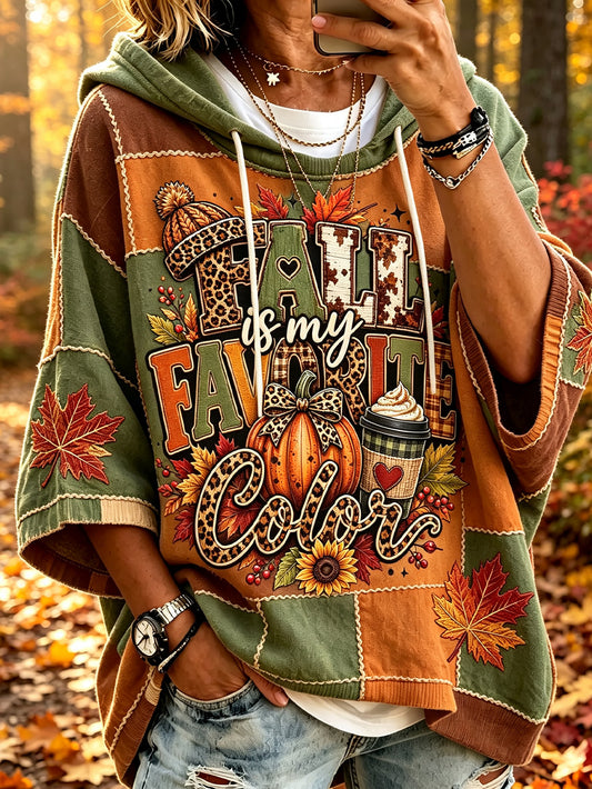 Women's autumn maple leaf element pattern printed casual short-sleeve hoodie