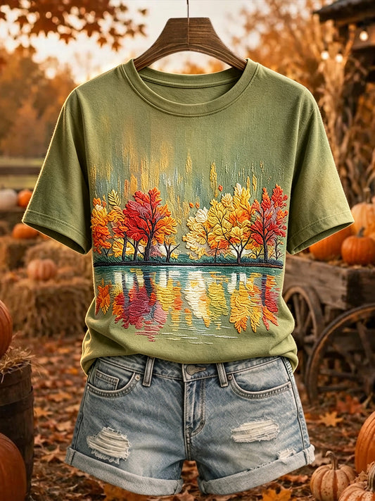 Women's Vintage Fall Trees Print Short-sleeved T-shirt