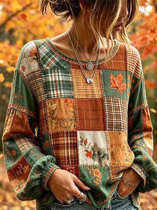 Women's Vintage Fall Fallen Leaves Floral Colorblock Patchwork Print Cotton-Linen Shirt
