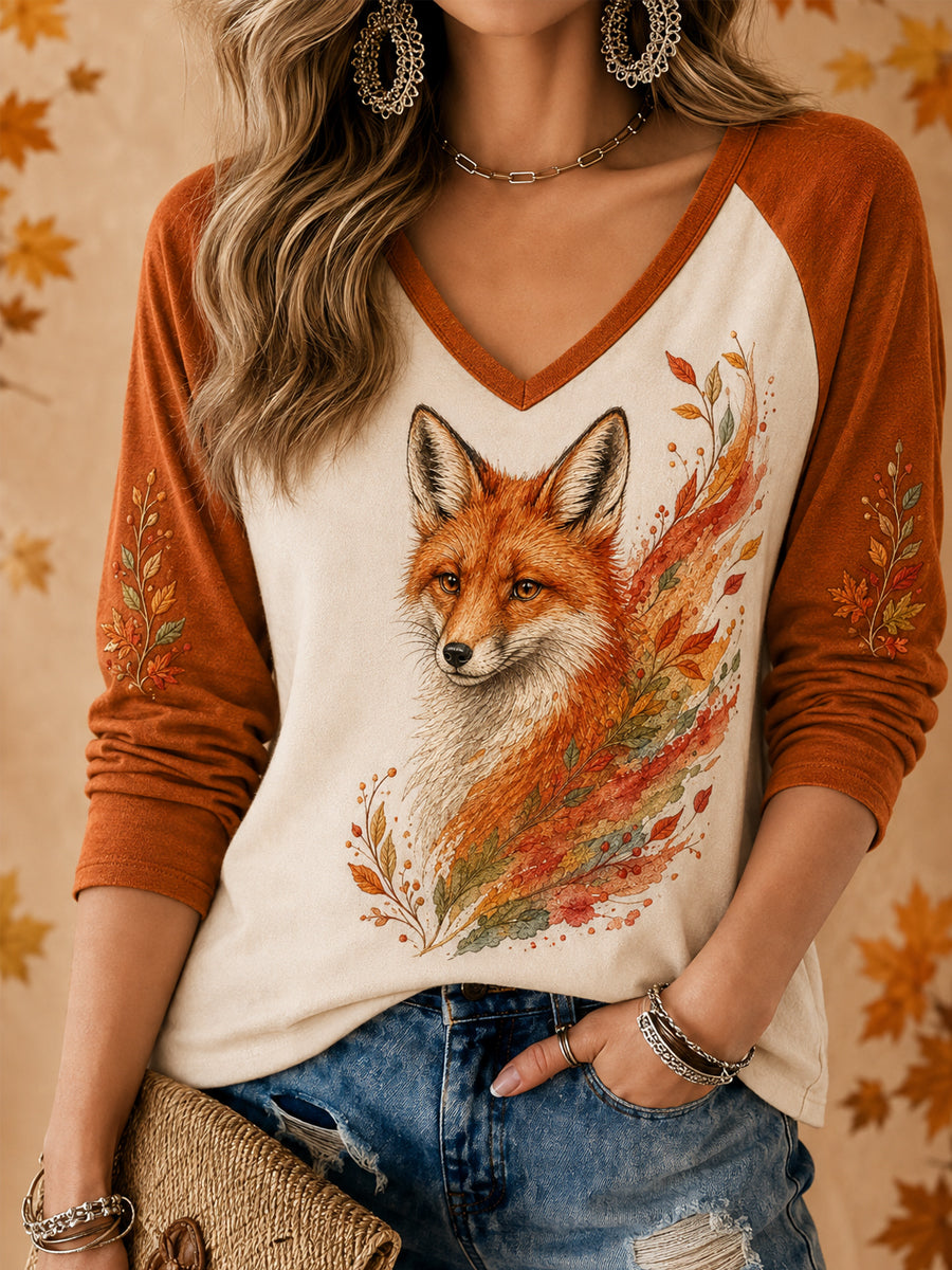 Women's Fall Fox Print Casual Long Sleeve T-Shirt