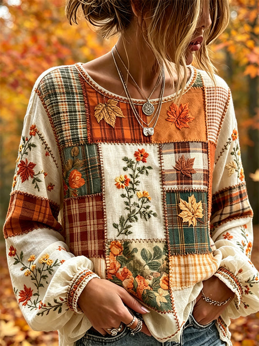 Women's Vintage Fall Fallen Leaves Floral Colorblock Patchwork Print Cotton-Linen Shirt