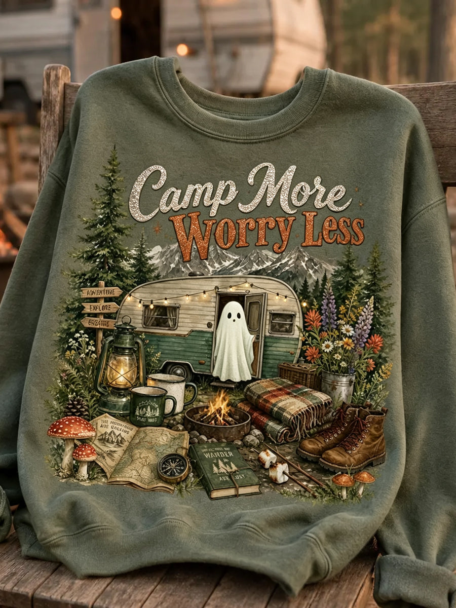 Women's Vintage Camp More Worry Less Print Cozy Sweatshirt