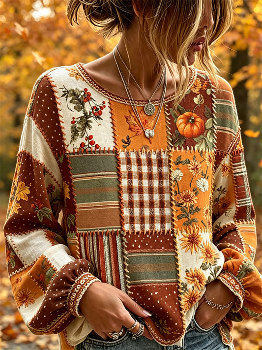 Women's Vintage Fall Pumpkin Fallen Leaves Floral Colorblock Patchwork Print Cotton-Linen Shirt