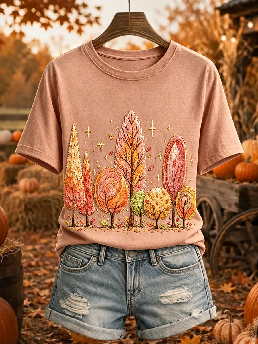 Women's Vintage Fall Trees Print Short-sleeved T-shirt