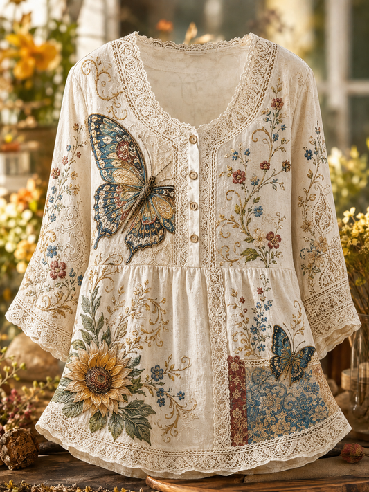 Women's Autumn Vintage Button Up A Line Linen Shirt