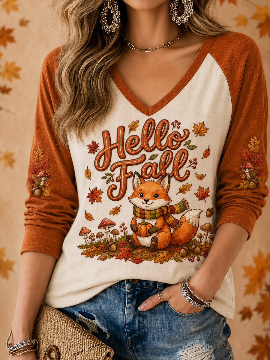Women's Hello Fall Cute Fox Print Casual Long Sleeve T-Shirt