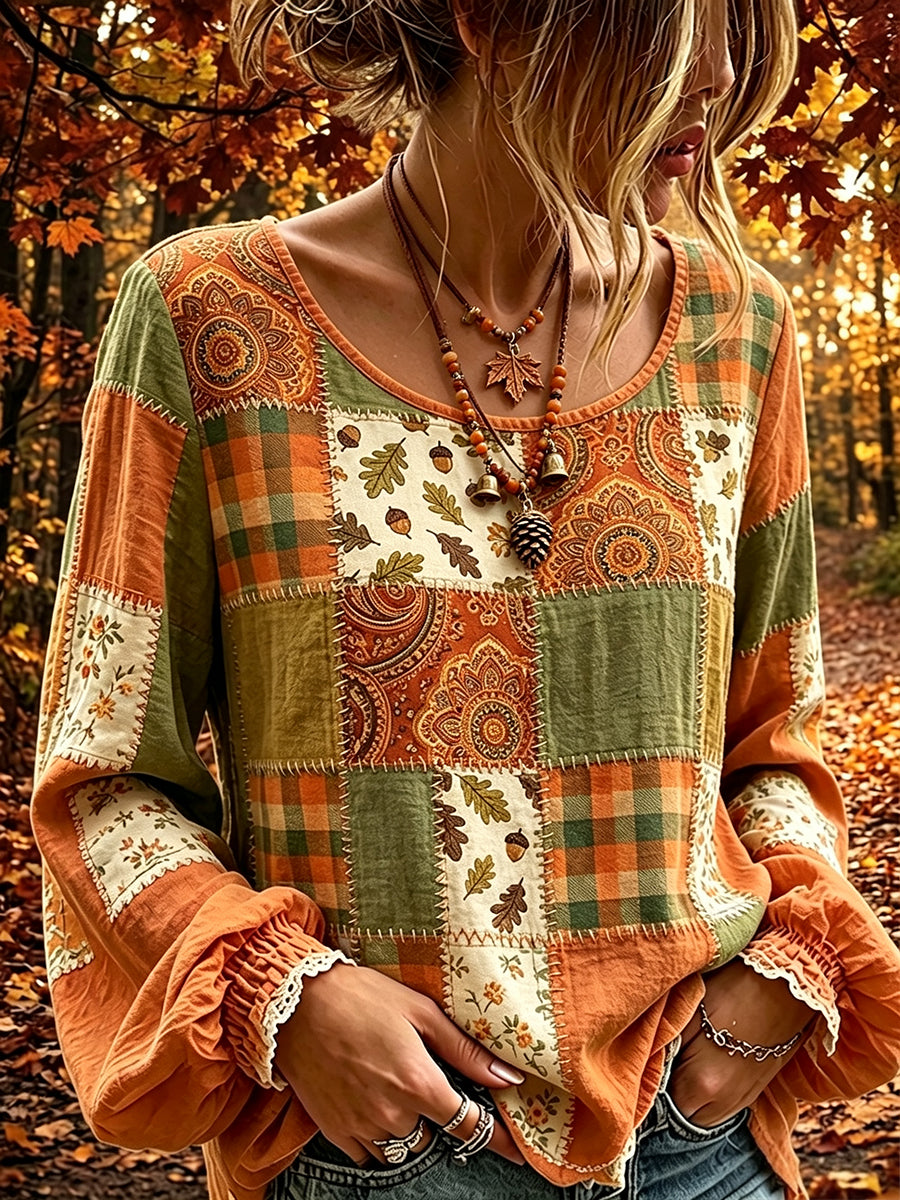 Women's Vintage Fall Floral Patchwork Print Cotton-Linen Shirt