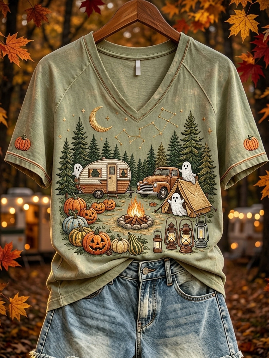 Women's Halloween Ghost Camping Print V-neck Short-sleeved T-shirt