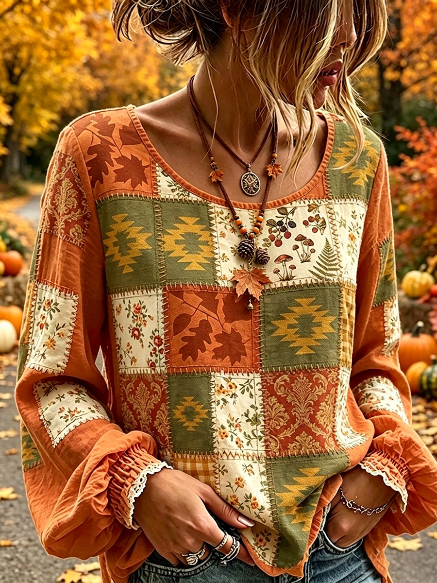 Women's Vintage Ethnic Fall Patchwork Print Cotton-Linen Shirt