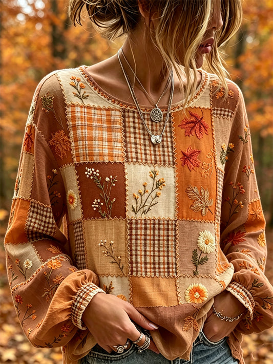 Women's Vintage Fall Fallen Leaves Floral Colorblock Patchwork Print Cotton-Linen Shirt