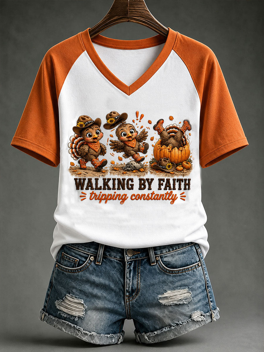 Women's Walking By Faith Tripping Constantly Turkey V-neck T-shirt