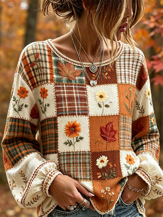 Women's Vintage Fall Fallen Leaves Floral Colorblock Patchwork Print Cotton-Linen Shirt